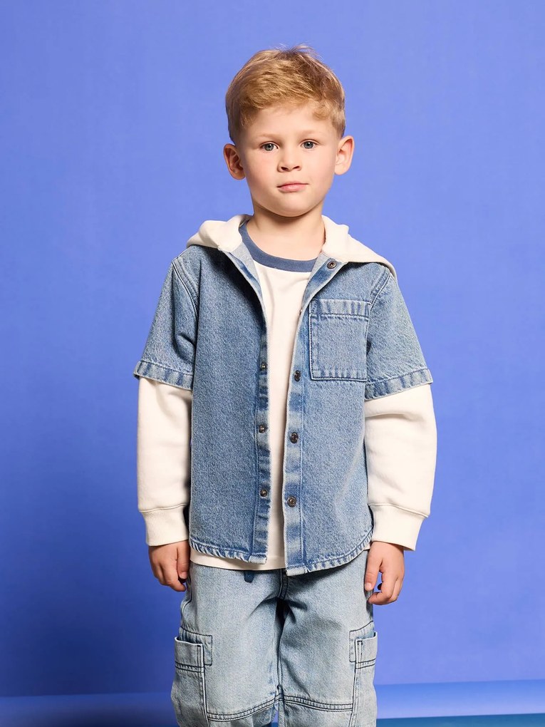 Camisa com efeito de sobreposição e capuz, para menino double stone