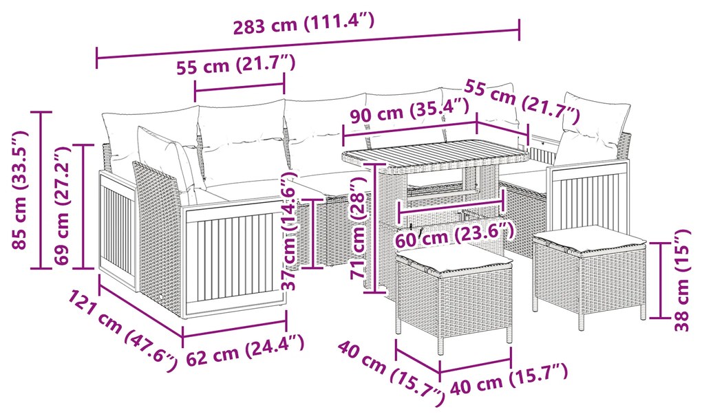 Conjunto de Sofá de Jardim vidaXL de 10 Peças com Almofadas Preto Ratt