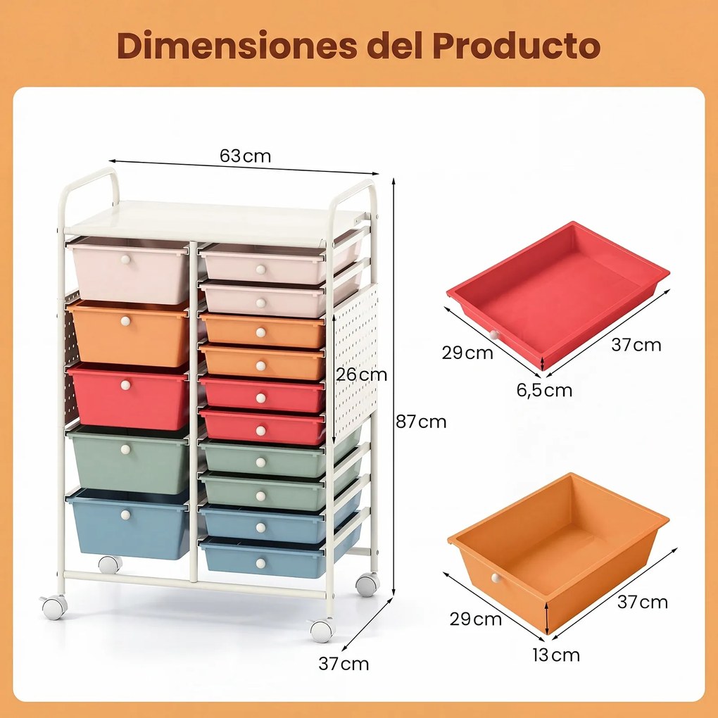 Carrinho de Armazenamento, 63 x 37 x 87,5 cm, 15 Gavetas, Multicolor