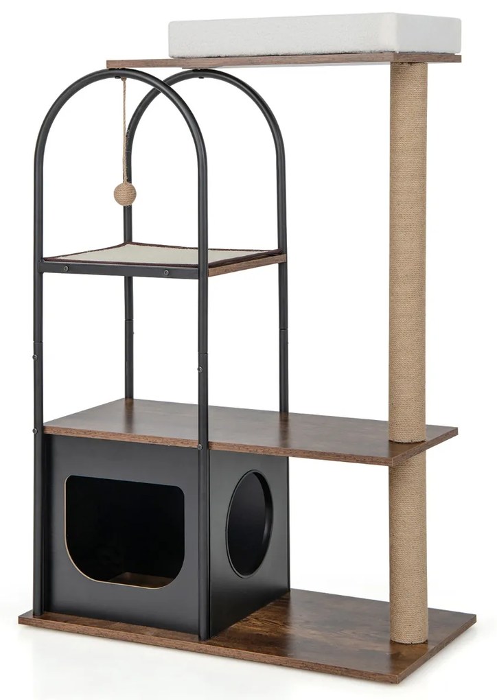 Arranhador para gatos de 118 cm com estrutura metálica Posto de arranhar de juta Tábua de sisal Bola de sisal Centro de actividades suspenso para gato