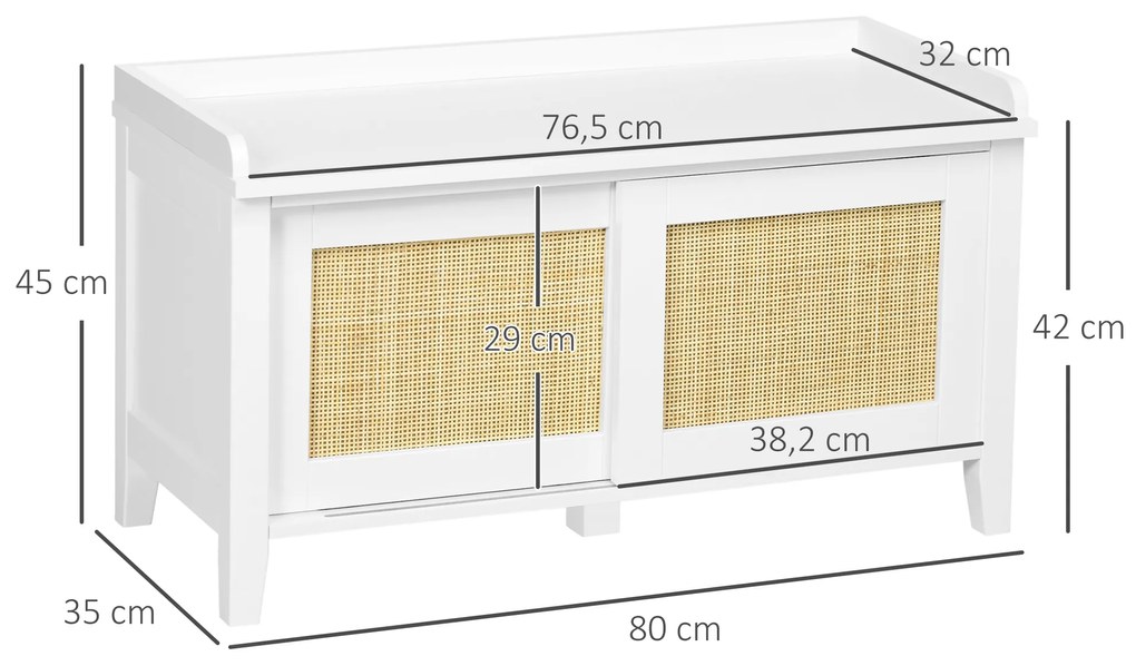 Banco Sapateira com 2 Portas de Vime Estilo Boémio Carga Máxima 130 kg para Corredor Entrada 80x35x45 cm Branco e Bege