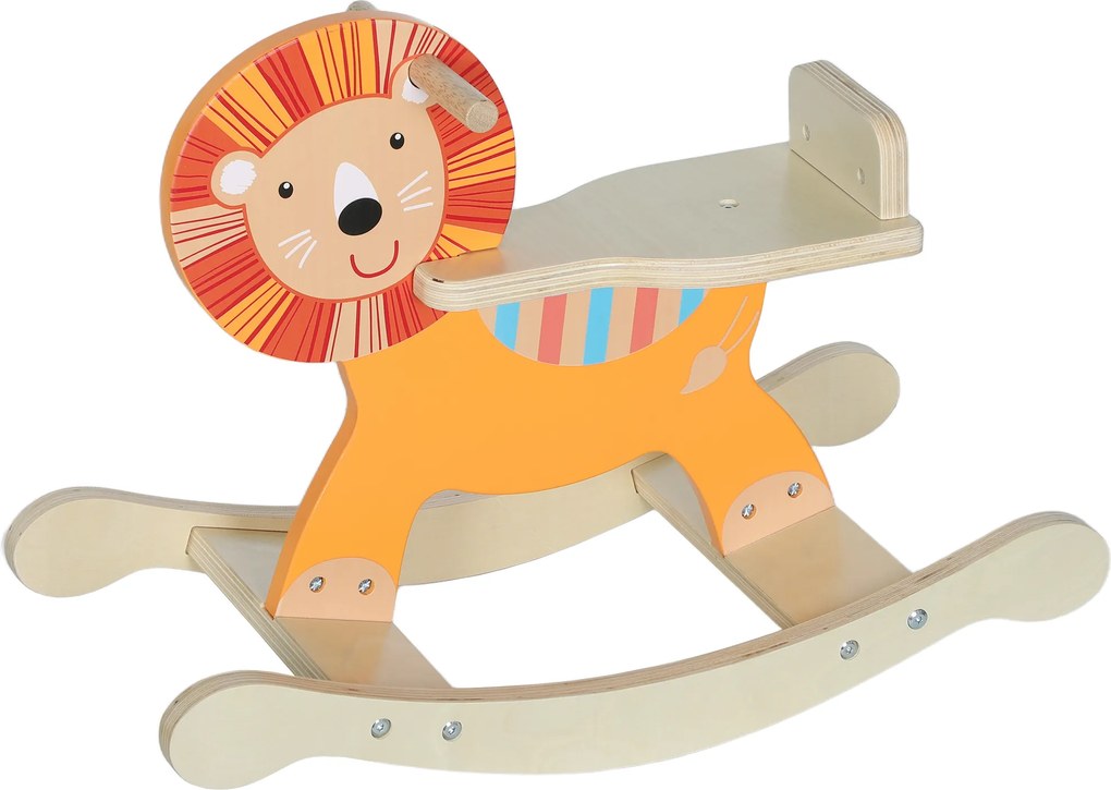 Cavalo de balanço para crianças, leão de brincar de balanço para bebés em madeira com guiador e base estável, 59 x 27 x 43 cm, laranja