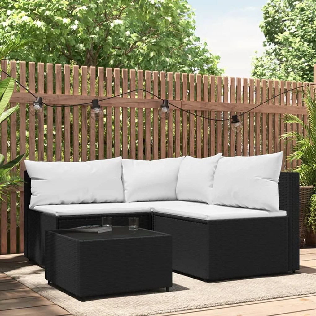 vidaXL 4 pcs conjunto lounge de jardim c/ almofadões vime PE preto