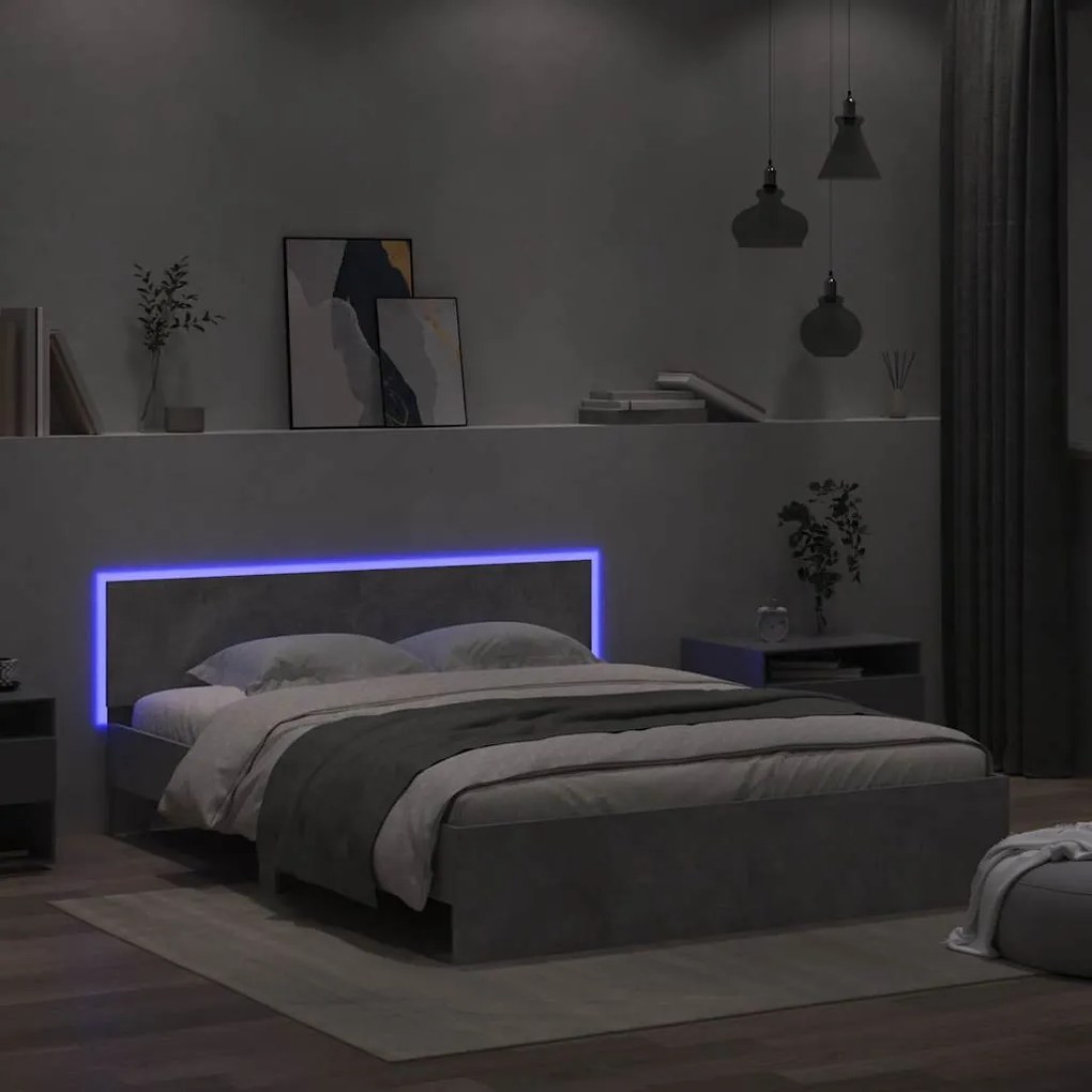 Estrutura cama cabeceira e luzes LED 150x200cm cinzento cimento