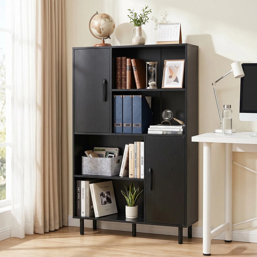 Armário, estante de arrumação 80 x 24 x 119,5 cm, compartimentos abertos, portas e pés em metal para casa, escritório e sala de estar - Preto