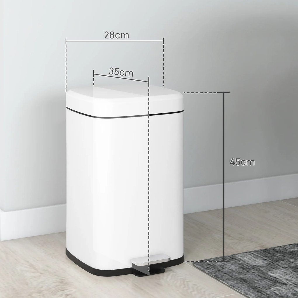 Caixote do lixo de cozinha de 20 L com tampa de fecho suave e pedal 28 x 35 x 45 cm, balde interior removível, branco