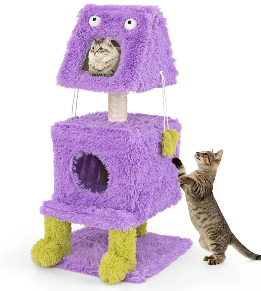 Arranhador para gatos com tema de monstros Poste para arranhar em pelúcia macia e comprida 48 x 48 x 111 cm Roxo