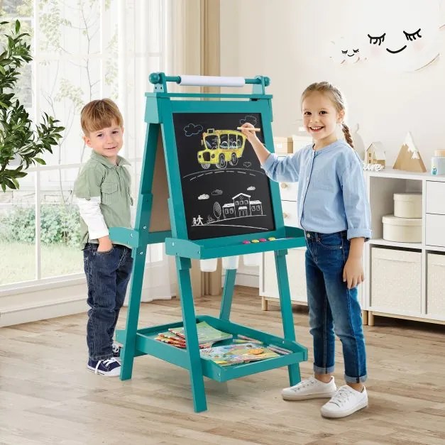 Quadro ajustável em altura para crianças com quadro branco e quadro magnético, cavalete dobrável verde