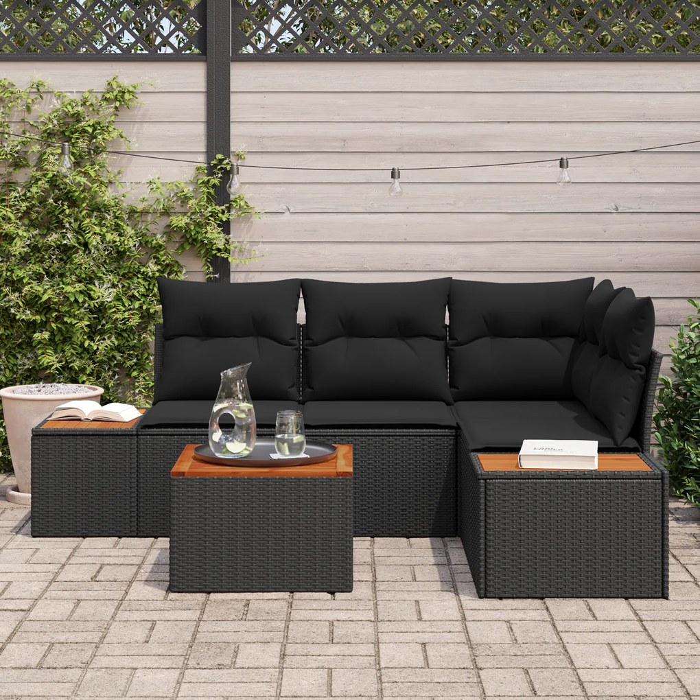 Conjunto de Sofá de Jardim de 5 Peças com Almofadas Preto Rattan Sinté