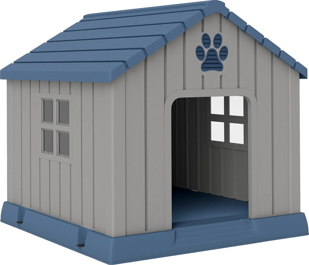 PawHut Casota para Cães Médios de Exterior em Plástico Impermeável com 2 Janelas, Base Elevada e Estacas, 85x79x82 cm, Cinzento | Aosom Portugal