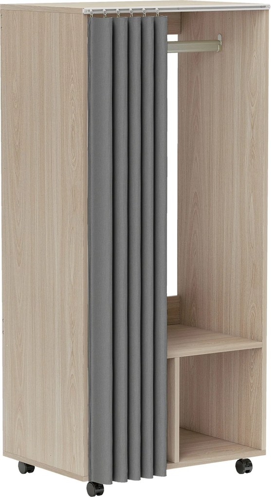 HOMCOM Armário Guarda-Roupa Móvel com Cortina Barra de Suspensão 60x40x128 cm Efeito Madeira Natural | Aosom Portugal