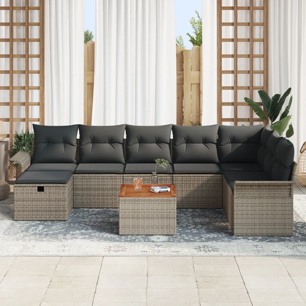 Conjunto de Sofás de Jardim de 9 Peças com Almofadas Cinzento Rattan P