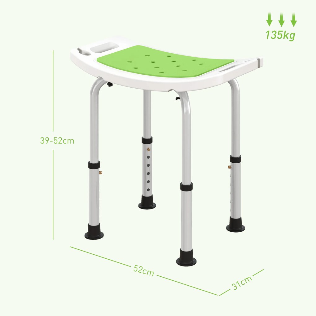 Assento de duche ajustável em altura; banco de duche ergonómico; pés antiderrapantes; carga máxima de 135 kg; alumínio e HDPE; verde