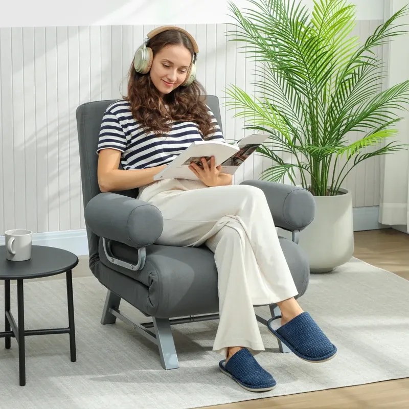 Poltrona sofá Cama Dobrável Estofado em Linho Sintético com Encosto Ajustável em 5 Níveis e Almofada Acolchoada 73x78x81 cm Cinzento Escuro