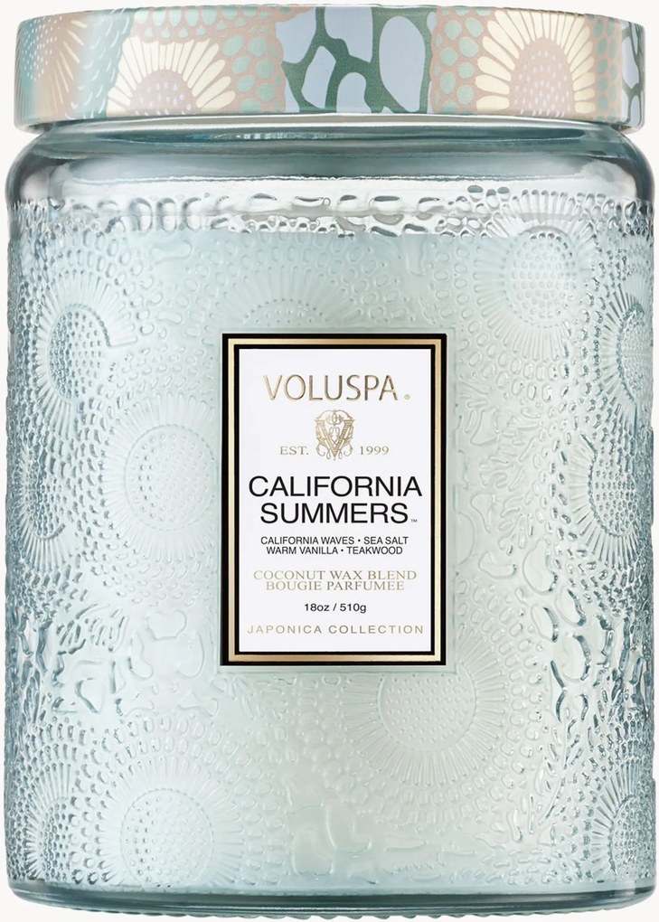 Vela perfumada artesanal California Summers (sal marinho, baunilha quente, madeira de teca)