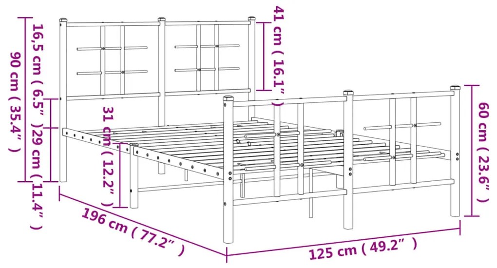 Estrutura de cama com cabeceira e pés 120x190 cm metal preto