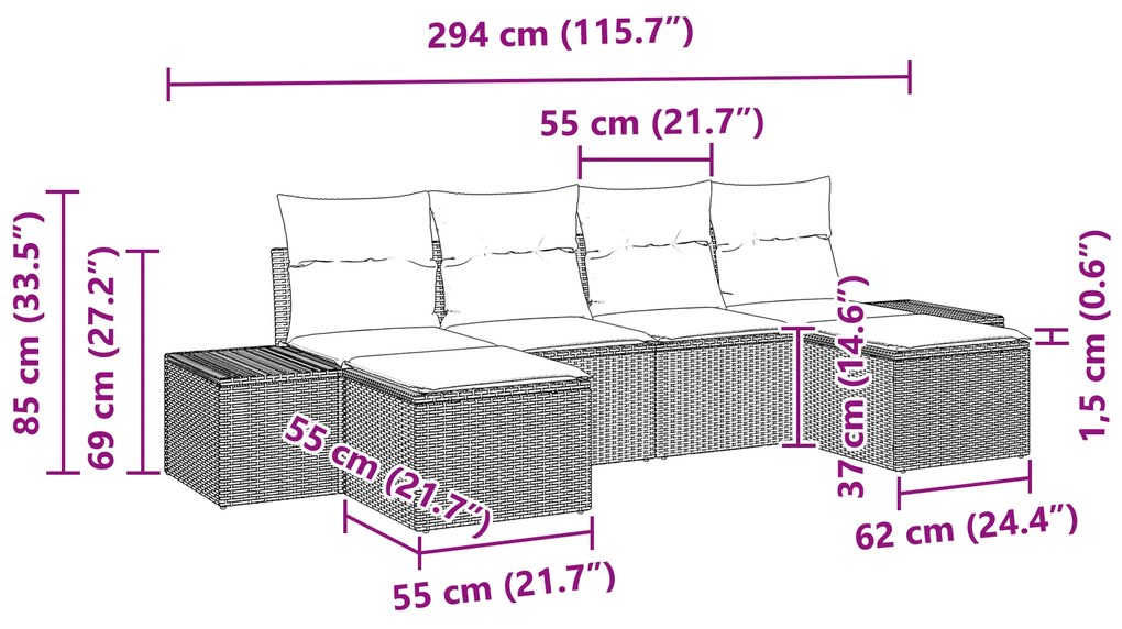 Conjunto de Sofá de Jardim de 6 Peças com Almofadas Pretas de Rattan P