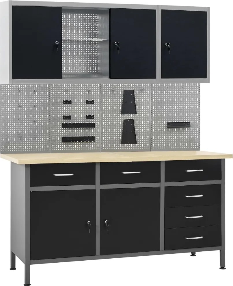 vidaXL Bancada de trabalho com 4 painéis de parede e 2 armários