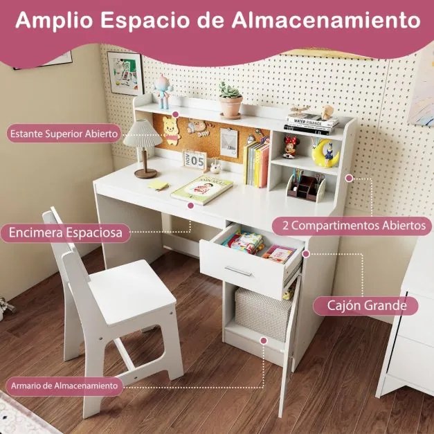 Conjunto de secretaria e cadeira infantil com estante, gaveta, armário, quadro de cortiça e banco com encosto inclinado 109,5 x 48 x 100,5 cm Branco
