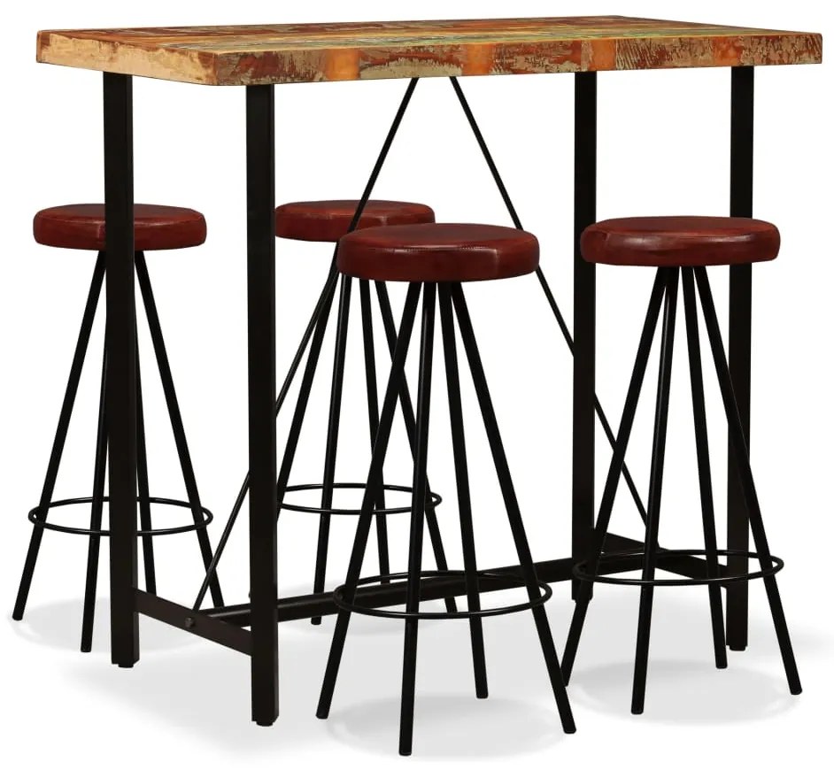 vidaXL Conjunto de bar 5 pcs madeira recuperada maciça e couro genuíno