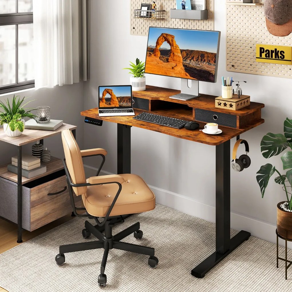 Secretária elétrica com pé 100 x 60 cm com 2 gavetas, altura ajustável e suporte para monitor Castanha