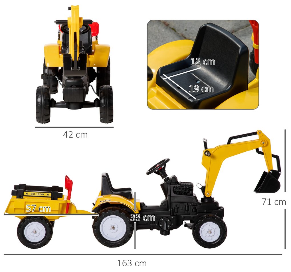 HOMCOM Tractor a Pedal para Crianças de 3-6 Anos Carro Andador Escavadora com Pá Frontal e Roboque Amovível Carga Máxima 35kg 163x42x71cm Amarelo