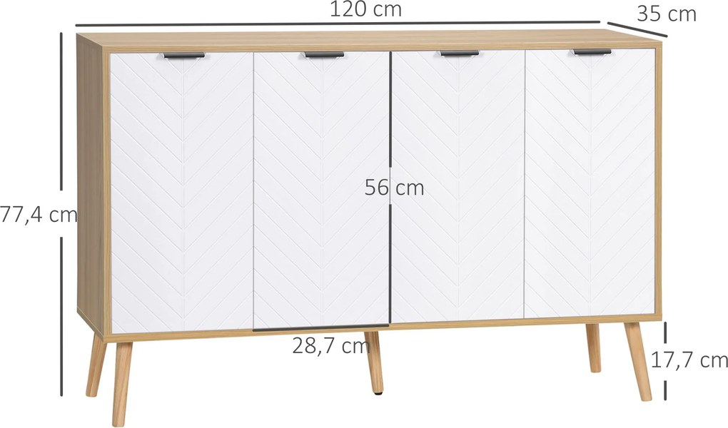 Aparador com 2 armários de 4 portas, padrão em espinha, prateleiras ajustáveis, 120 x 35 x 77,4 cm, branco