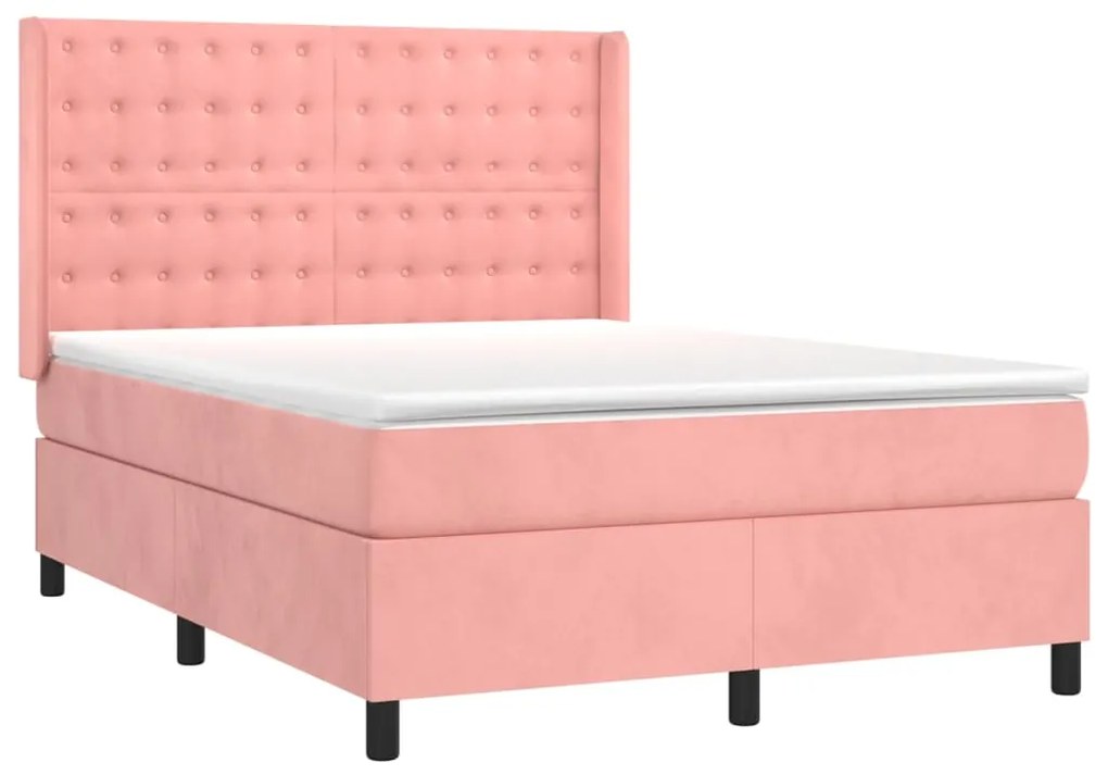 Cama box spring c/ colchão/LED 140x200 cm veludo rosa