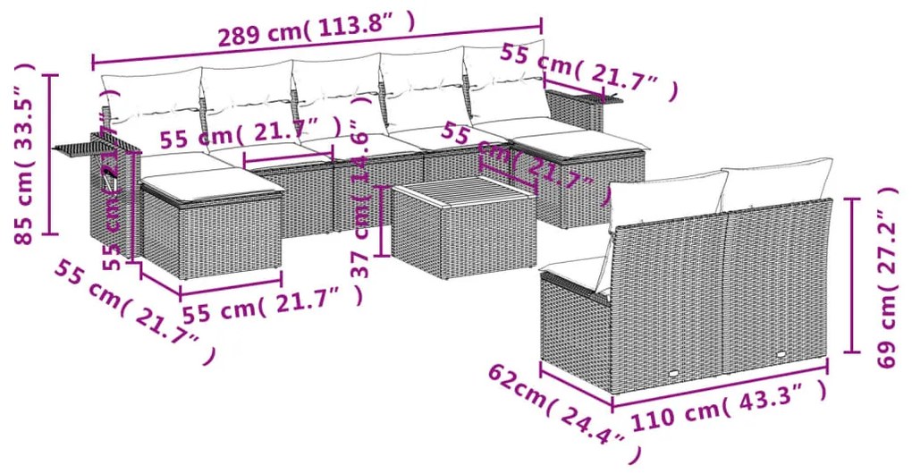 10 pcs conjunto sofás de jardim c/ almofadões vime PE preto