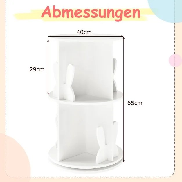Estante giratória para crianças 40 x 40 x 65 cm Estante infantil com 2 níveis e separadores de coelhos 360 graus Branco