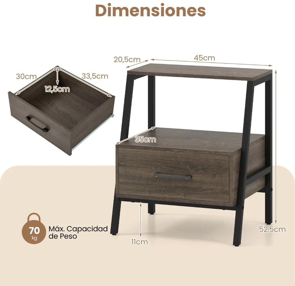 Mesa de cabeceira 45 x 35 x 52,5 cm com 3 níveis, prateleira aberta, gaveta e estrutura metálica para sala, cinzenta acastanhado