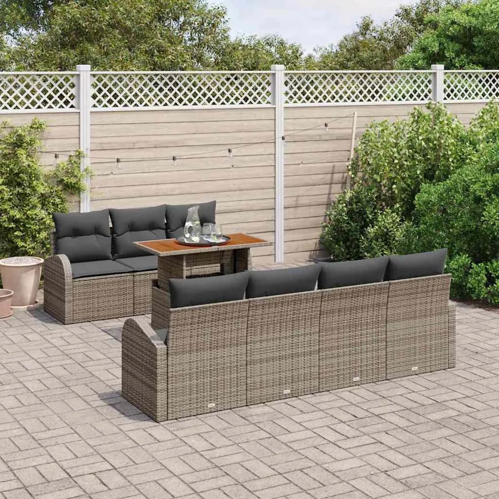Conjunto de Jantar para Jardim com 8 Peças e Almofadas Cinza em Rattan
