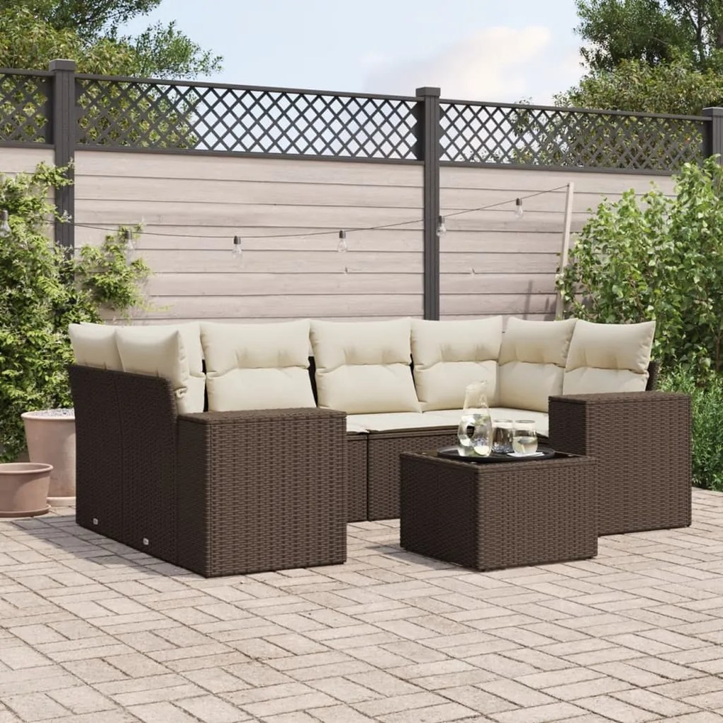 vidaXL 7 pcs conjunto de sofás jardim c/ almofadões vime PE castanho
