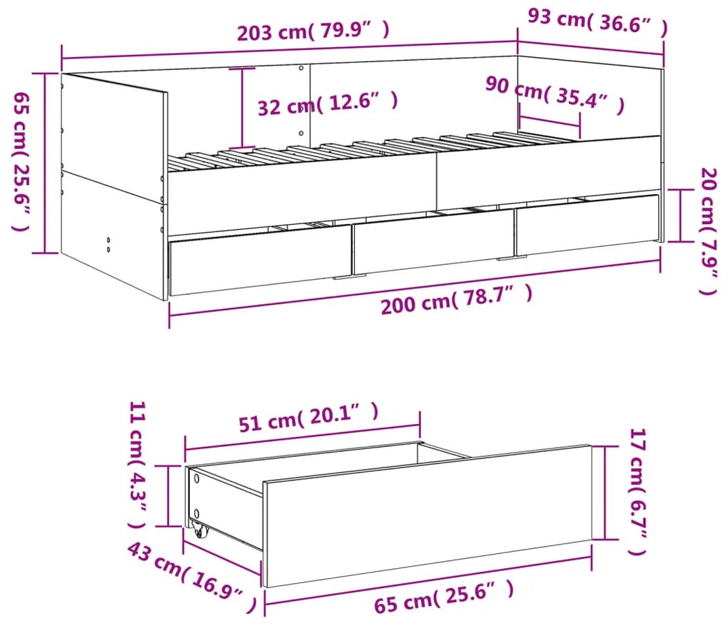 Sofá-cama com gavetas sem colchão 90x200 cm cinzento sonoma