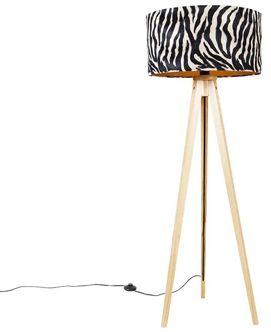 Candeeiro de pé em madeira com abajur em tecido zebra 50 cm - Tripod Classic Clássico / Antigo