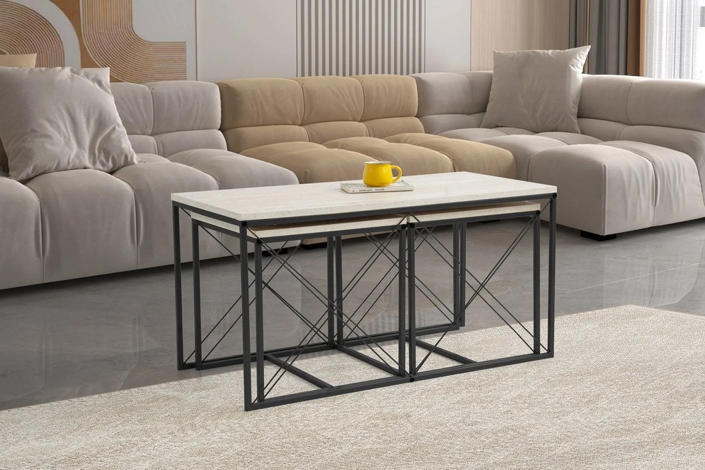 **** Conjunto de Mesas de Centro Defne – Preto Travertino – 100x52x50