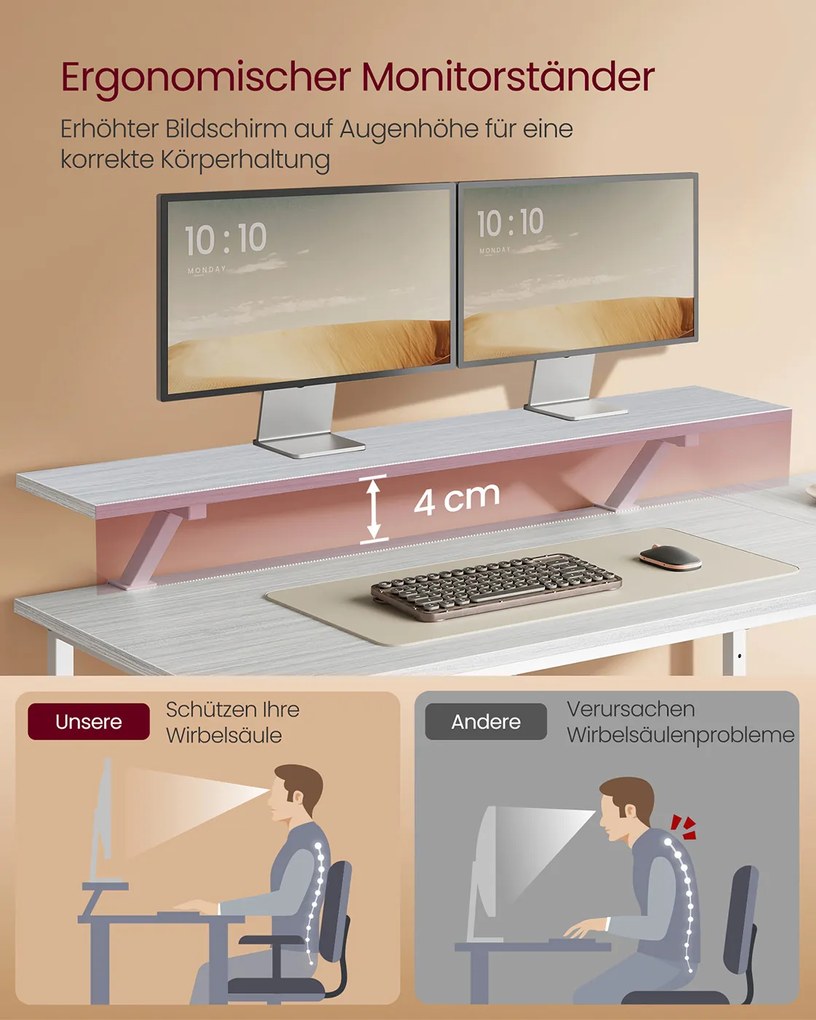 Secretária em forma de L 105 x 135 x 89,5 cm com 2 gavetas e suporte para monitor branco