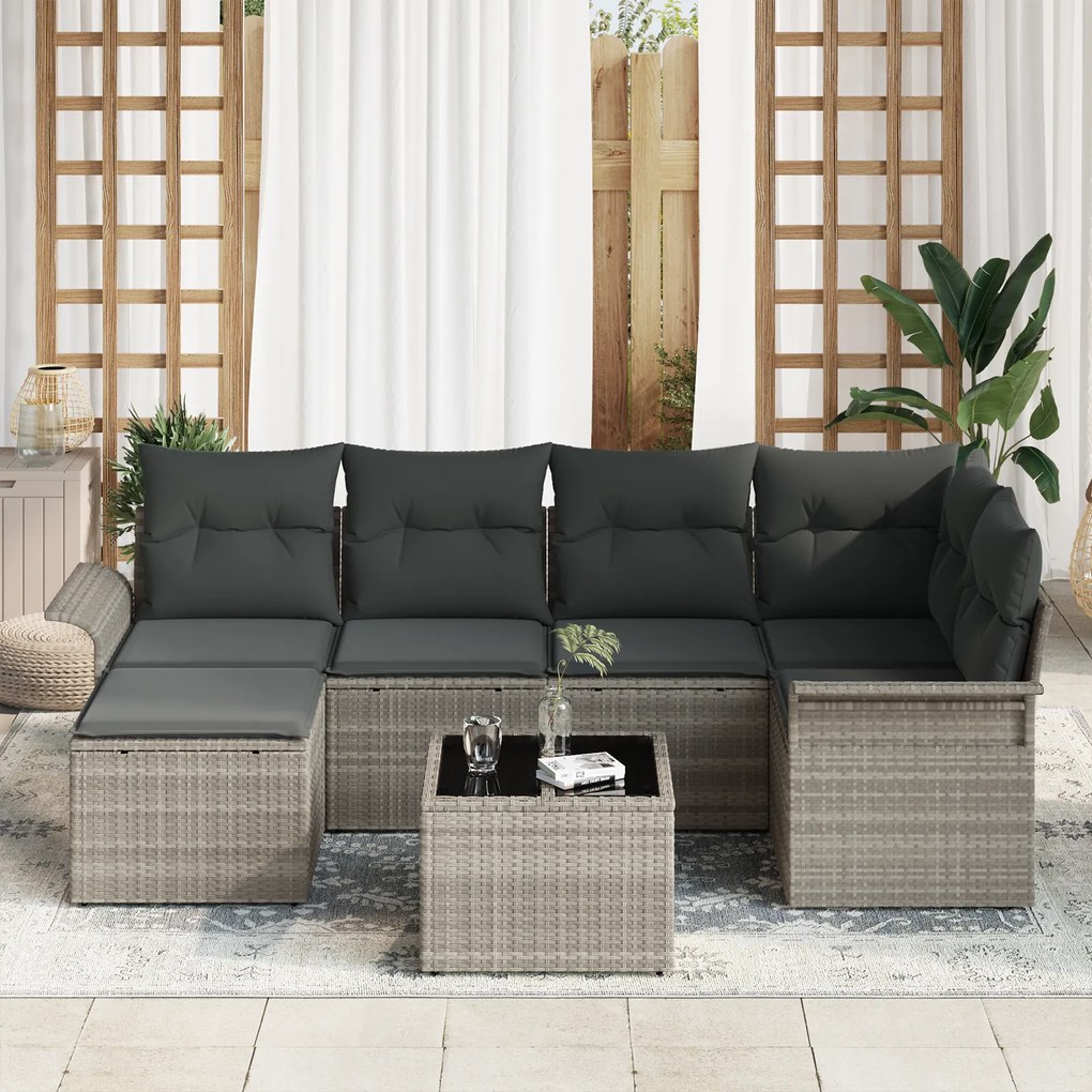 Conjunto de Sofá de Jardim vidaXL de 7 Peças com Almofadas Cinza Polié