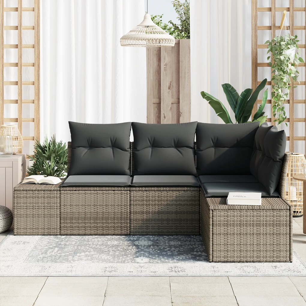Conjunto de Sofá de Jardim de 4 Peças com Almofadas Cinzento Rattan PE
