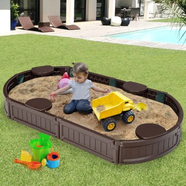 Caixa Areia exterior Crianças 183 cm para 4 Crianças com Cobertura Impermeável e Assentos Castanho