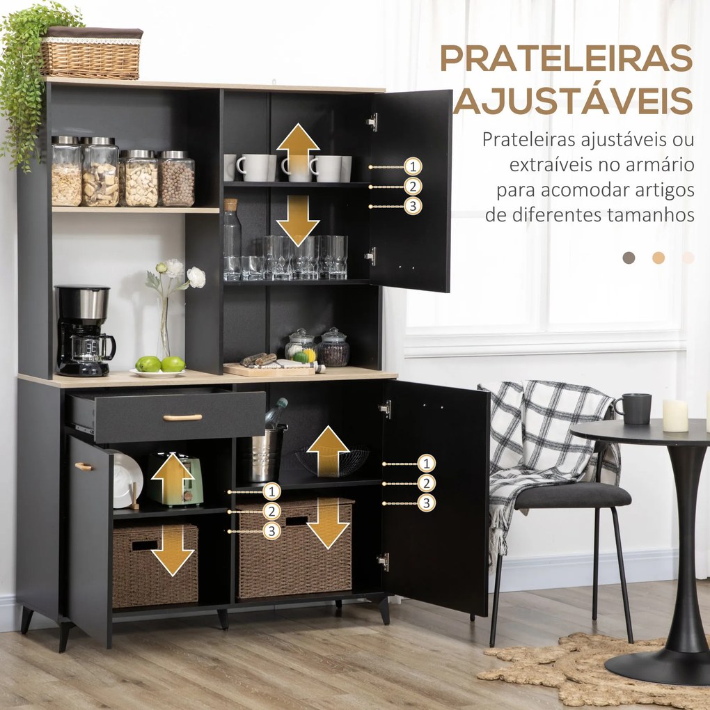 Armário de Cozinha com 1 Gaveta 3 Portas e Armazenamento Aberto Estilo Moderno 119x41x180cm Preto