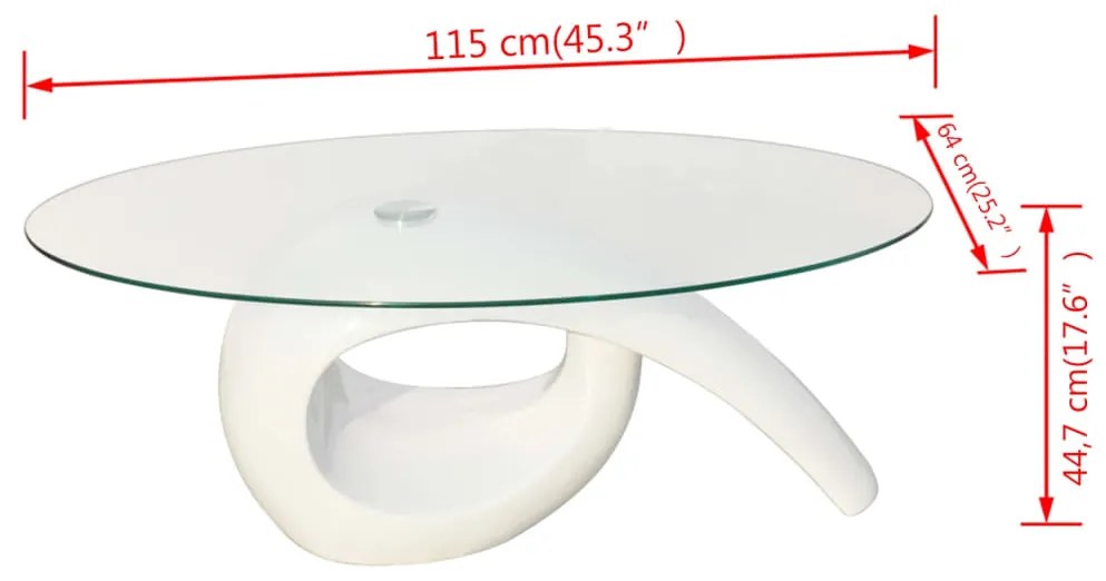 Mesa de centro com tampo oval de vidro, branco brilhante