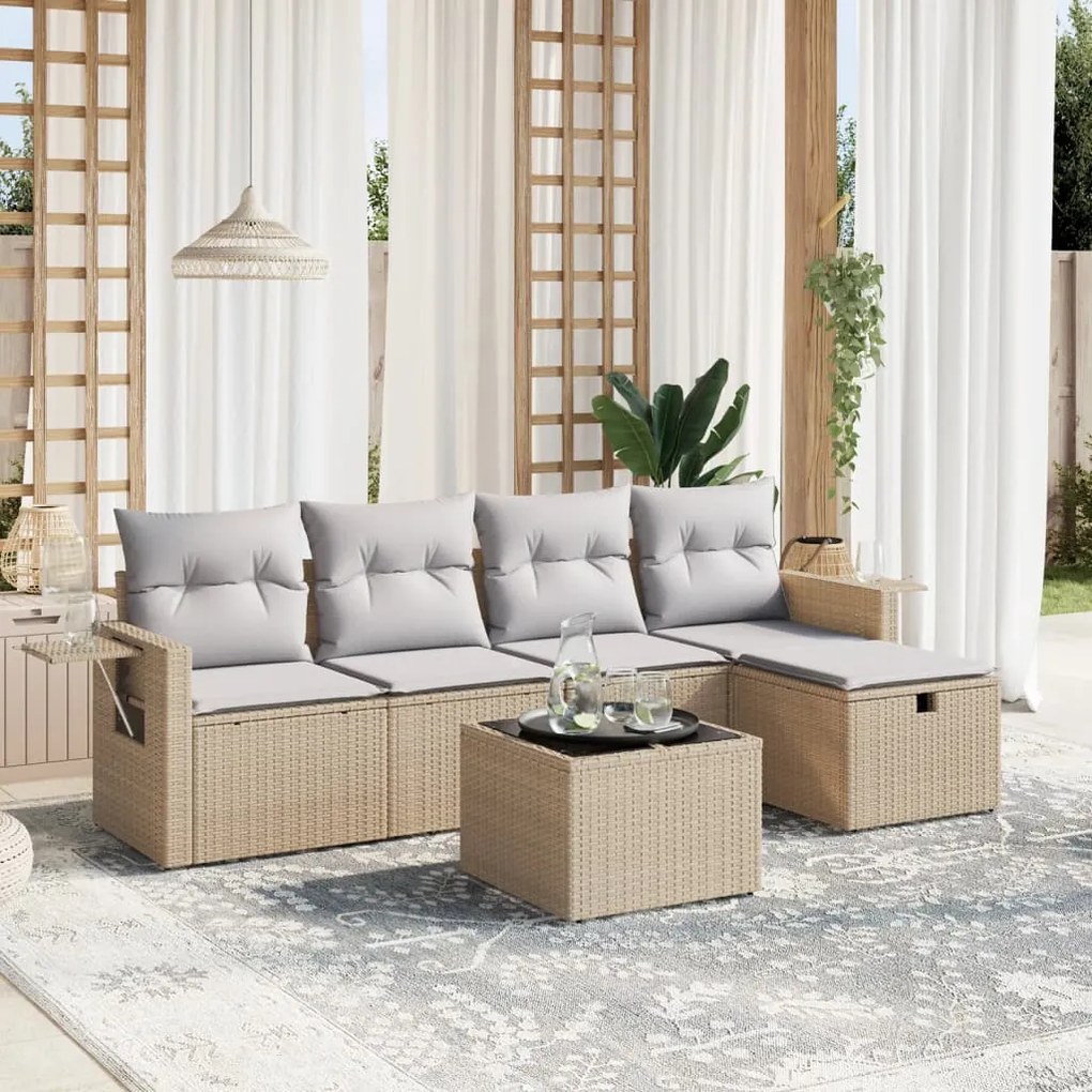 6 pcs conj. sofás jardim c/ almofadões vime PE bege misturado