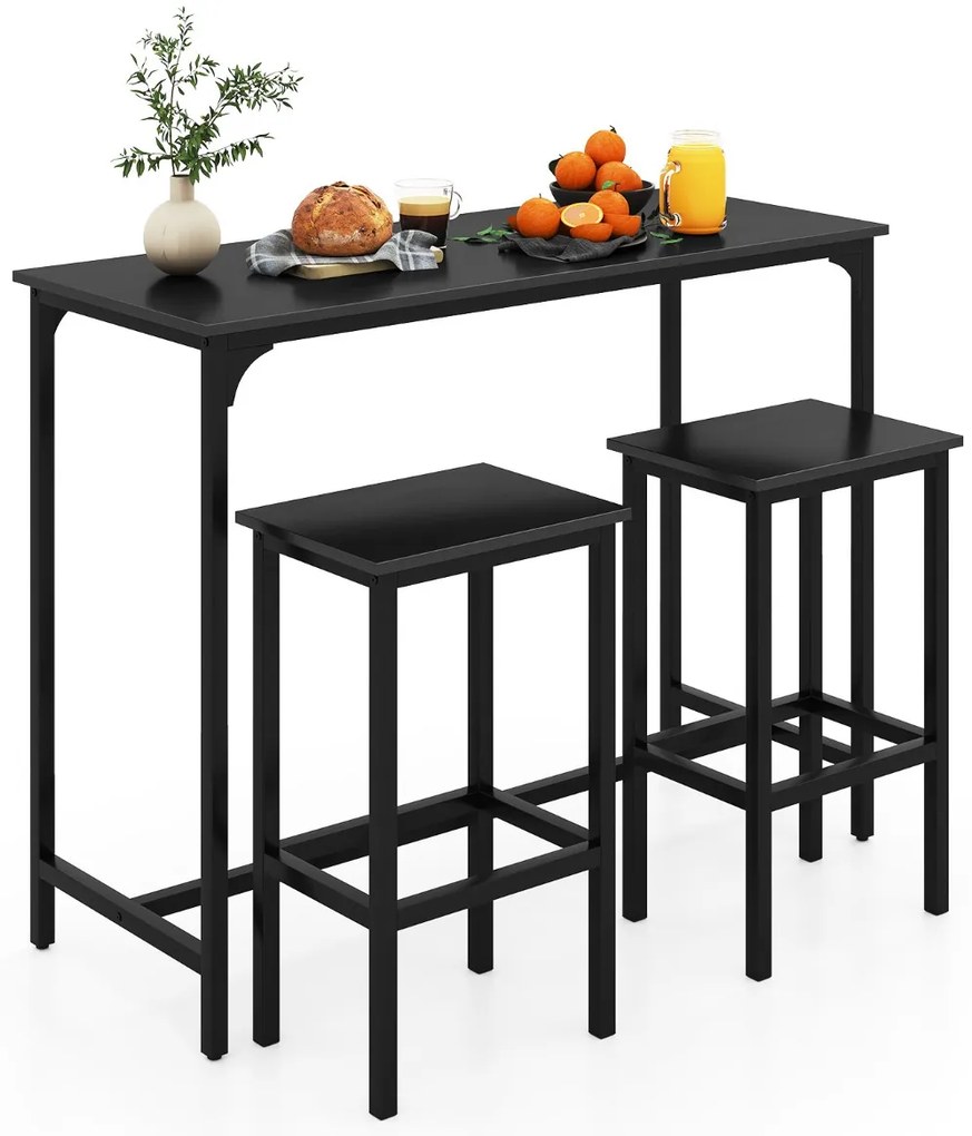 Conjunto de cozinha ou bar de 3 peças Mesa de bar com 2 bancos de bar Preto