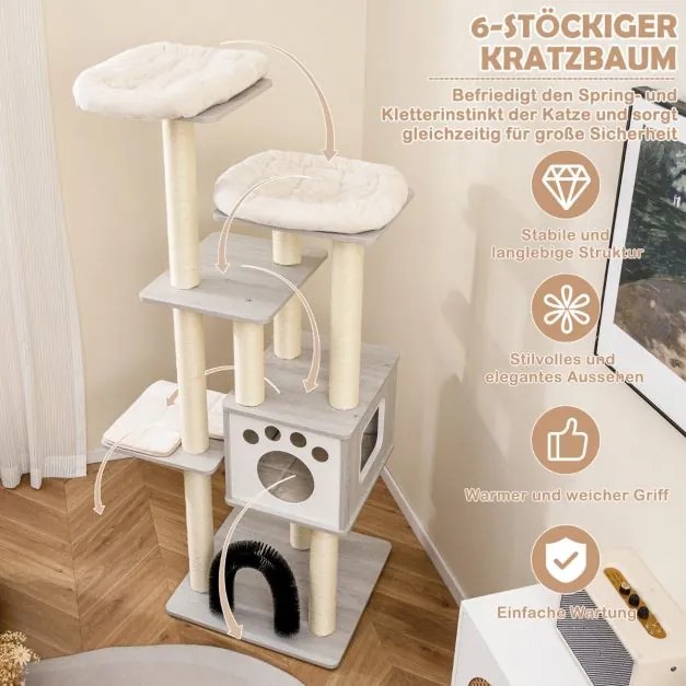 Arranhador Gatos 176 cm de 6 níveis com tapetes confortáveis, caverna e arco para gatos em cinzento