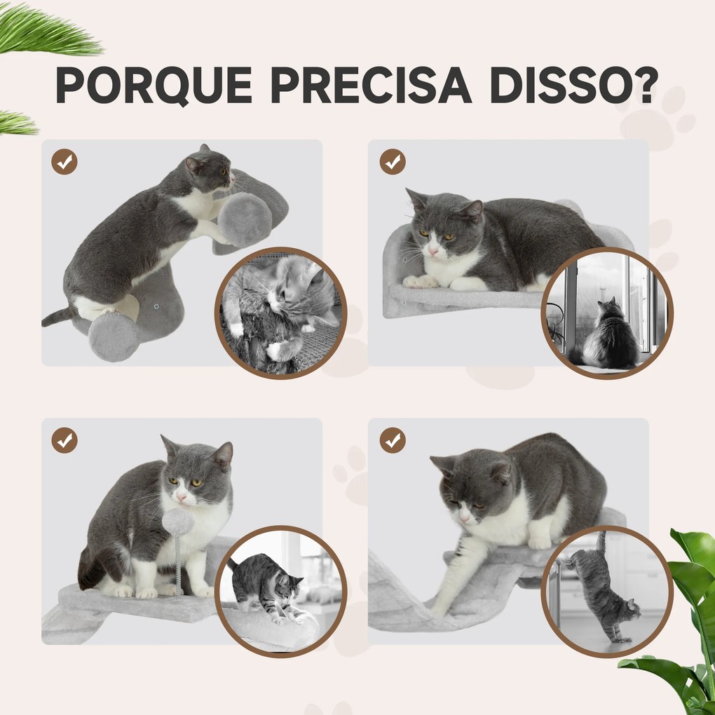 Conjunto de Prateleiras de Escalada para Gatos de 4 Peças com 2 Postes de Sisal e Plataforma para Saltar Cinzento