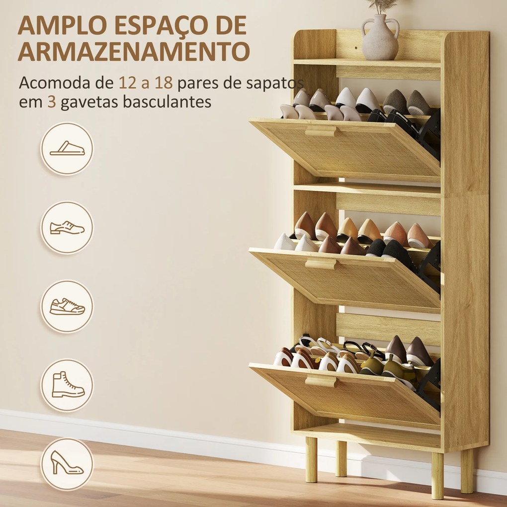 Sapateira com 3 Gavetas Rebatíveis e Prateleira Aberta para 12-18 Pares de Sapatos 65x24,5x153 cm cor Carvalho