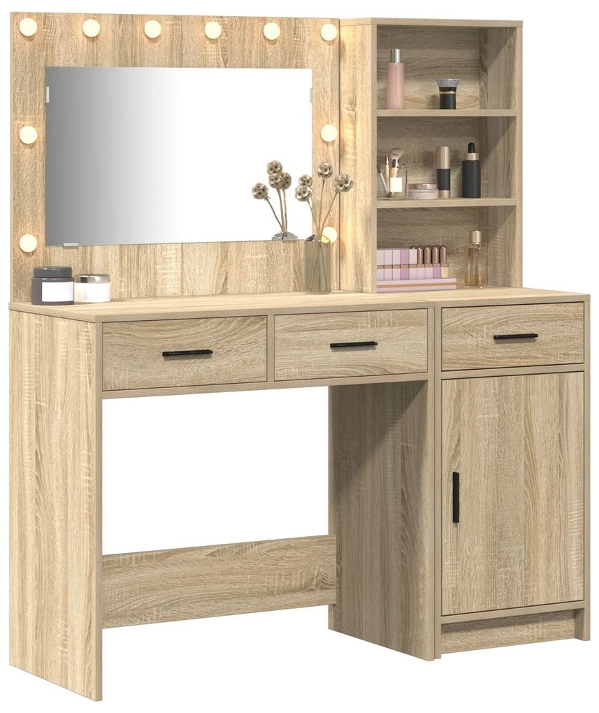 Conjunto de Mesa de Maquilhagem de 2 Peças com LED em Madeira de Carva