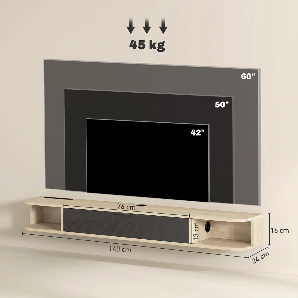 Móvel de TV suspenso 140 x 24 x 16 cm, móvel para televisores até 60 polegadas, gaveta rebatível, 2 prateleiras, madeira cor natural e preto