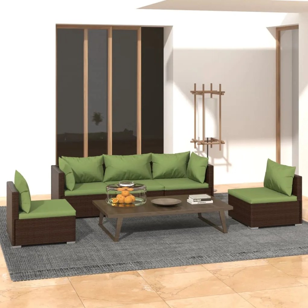 vidaXL 5 pcs conjunto lounge de jardim c/ almofadões vime PE castanho